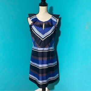 Banana Republic 8P Purple Blue Striped Ruffle Neck Sleeveless Silk Dress